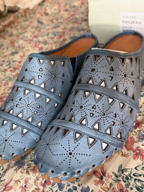 Spring Step Blue Perforated Leather Slip-On Mules